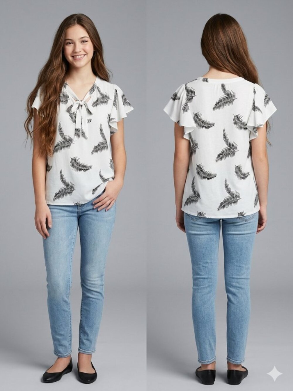 LOFT White Tropical Palm Leaf Print Blouse Size M Ruffle Sleeve V-Neck Tie Front